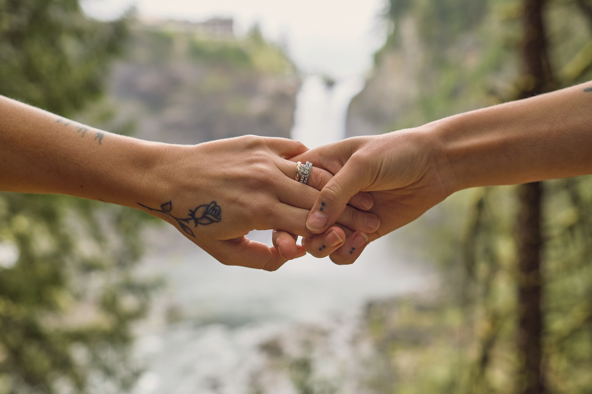 two brides hold hands in front of a waterfall